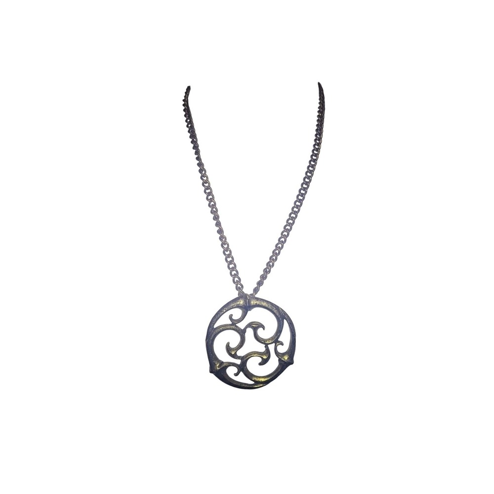 Vintage Antiqued Gold Tone Openwork Swirl Pendant Statement‎ Necklace Curb Chain